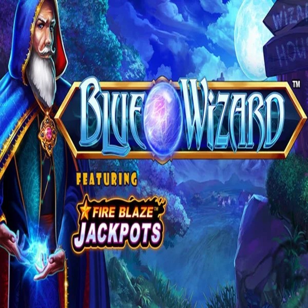 Blue Wizard Fire Blaze Jackpots slot logo by Rarestone Gaming at Roostino Casino